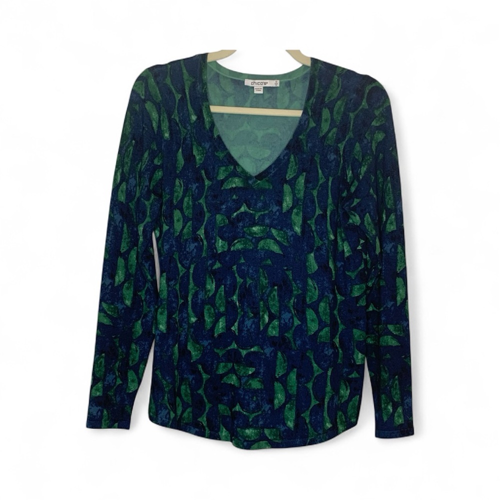 Chicos Long Sleeve Green and Blue Jewel Tone Patterned V-Neck Top Chico’s